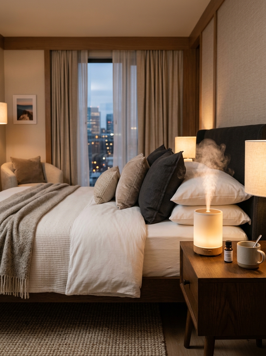 Modern hotel bedroom decorated with wooden diffuser emitting mist